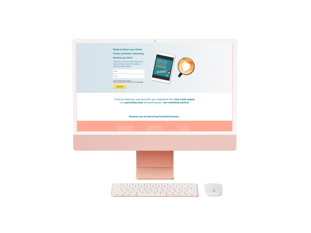 Pink Mac displaying landing page for a lead magnet